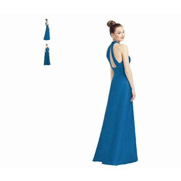 Alfred Sung D772 High Neck Cutout Satin Sleeveless Twill Dress Dusk Blue Size 14 - Picture 1 of 8